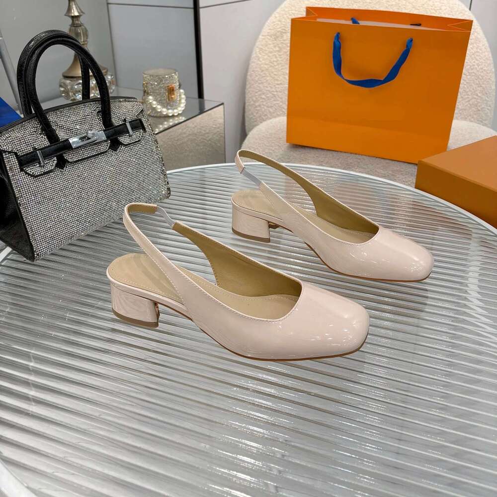 Women Size35-43 Genuine Leather Pumps Slingbacks Meds Heels Sandals Square Toe Slip On Designer Shoes Zapatillas De Mujer