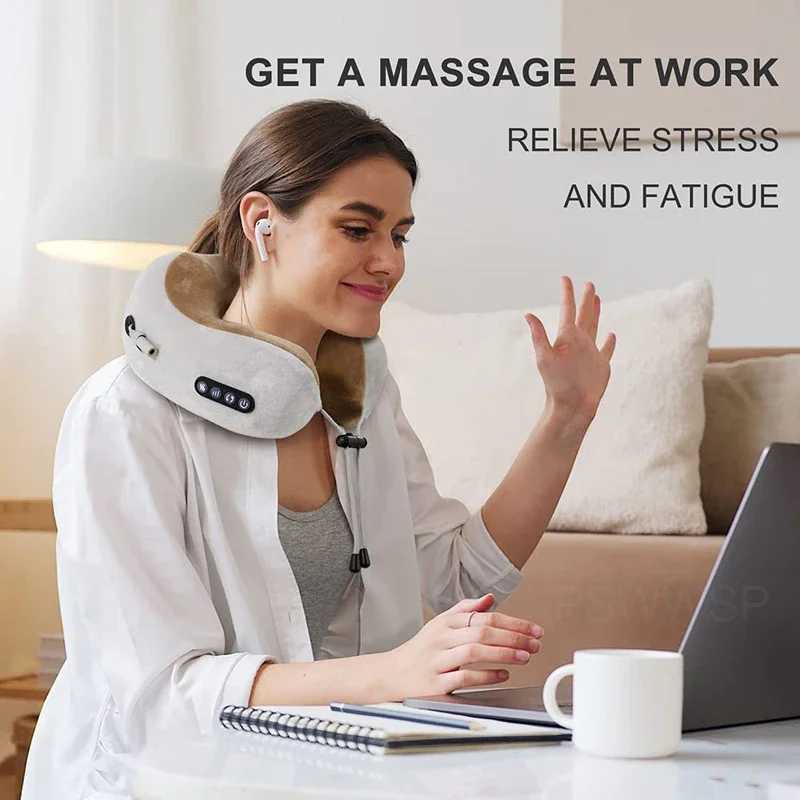 Electric U Shaped Massage Pillow Heated Neck Massager Memory Foam Soft Sleeping Travel Airplane Pillow Cervical Health Care ToolW250512