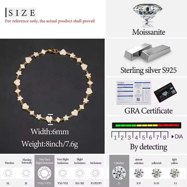 High Quality Unisex Iced Out Moissanite Heart Bracelet for Women Men 925 Sterling Silver Fine Jewelry Christmas Gifts