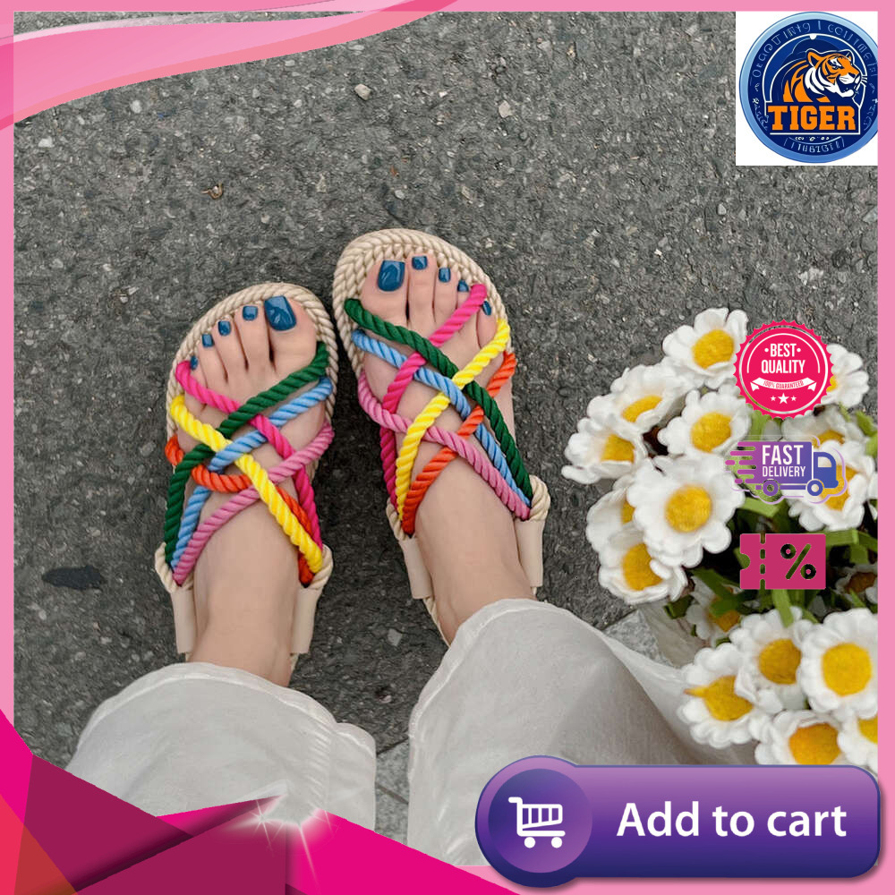 Ddmytiger Summer Large Size New Women S Rainbow Dopamine Small Fresh Knitted Rope Sandals Outdoor Shoes