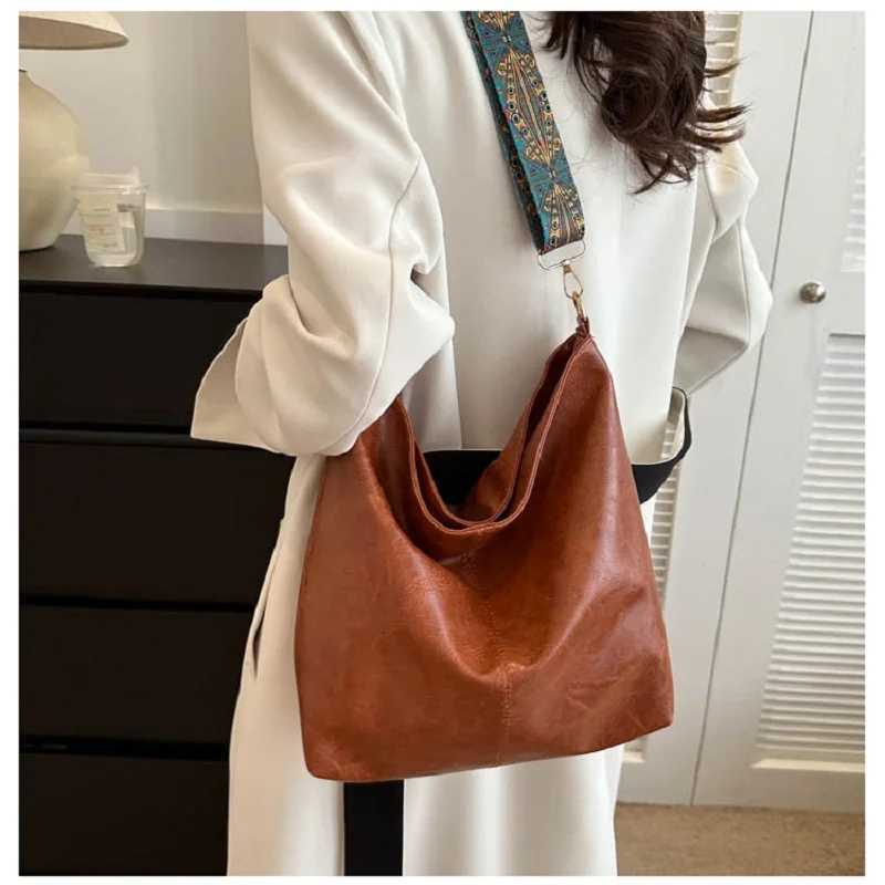 PU Leather Vintage Solid Color Women Fashion Shoulder Bag large Capacity Wide Strap Bucket tote Bags handbag for women Z250512