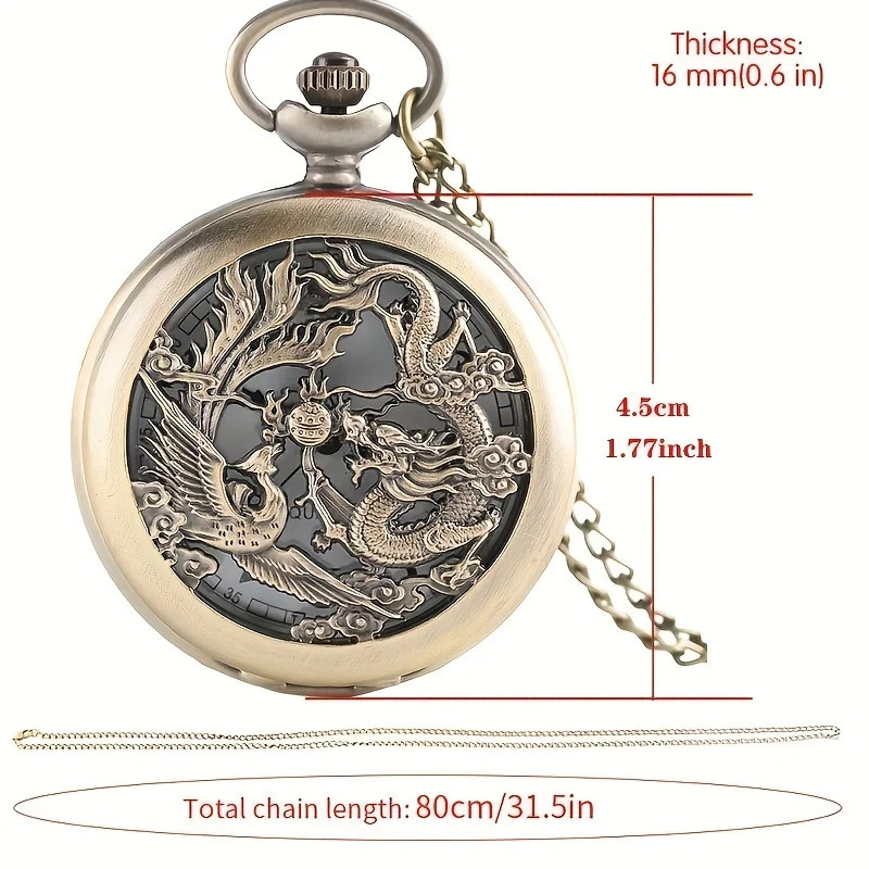 Antique Double Dragons Playing with Beads Pattern Quartz Pocket Watch With Necklace Chain Vintage Gift for Male Women and Kids 250512