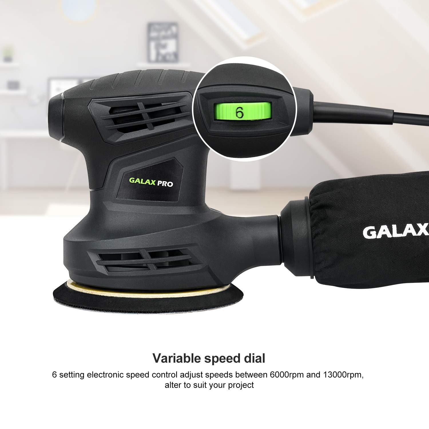 GALAX PRO Random Orbital Sander 280W 13000 OPM with 6 Variable Speeds and 15pcs Emery Paper 125mm with Dust Extraction for Sanding and Polishing