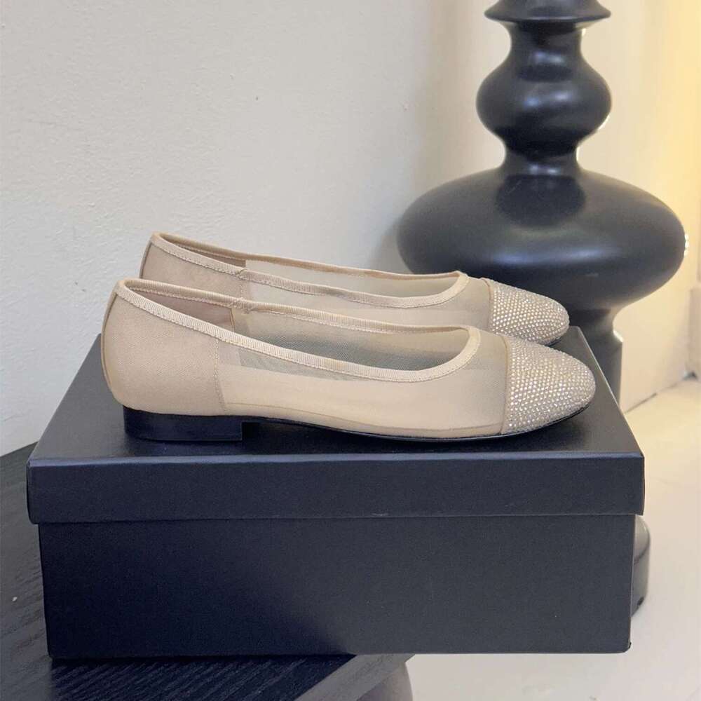 Women Size35-41 Mesh Genuine Leather Ballet Flats Crystal Round Toes Slip On Leisure Designer Shoes Zapatillas De Mujer