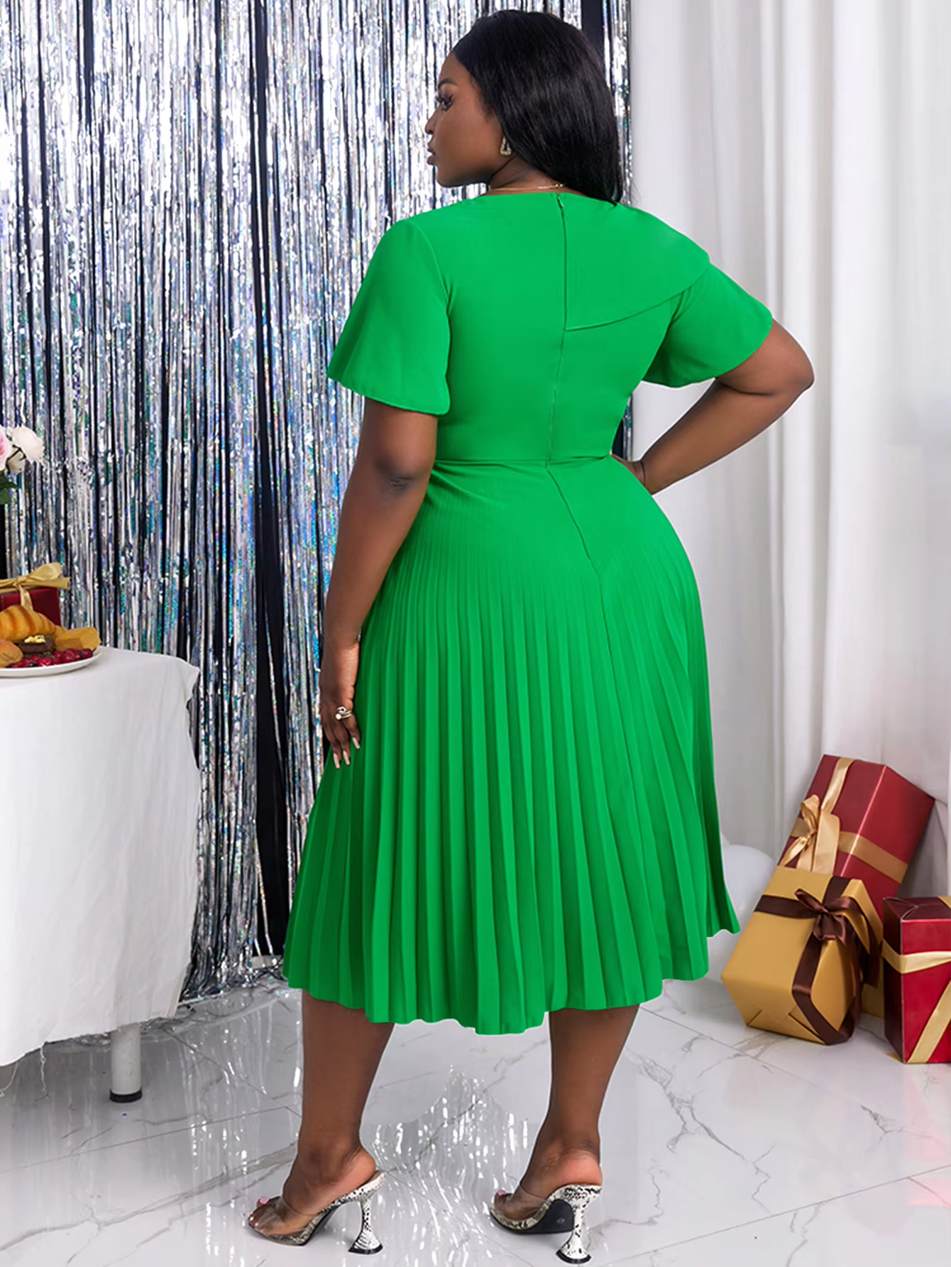 Simple Plus Size Dresses Summer Pleated A-Line Ruffle Fashion Short Sleeve Oblique Collar Young Girls Out Going Wear AM211235