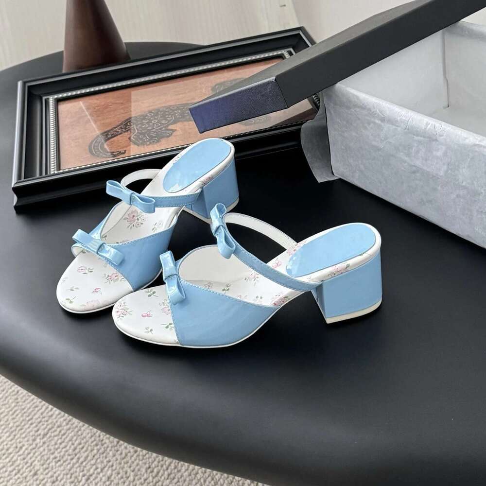 Women Size35-41 Genuine Leather Slippers Med Heels Butterfly Knot Summer Slides Prints Designer Shoes Zapatillas De Mujer
