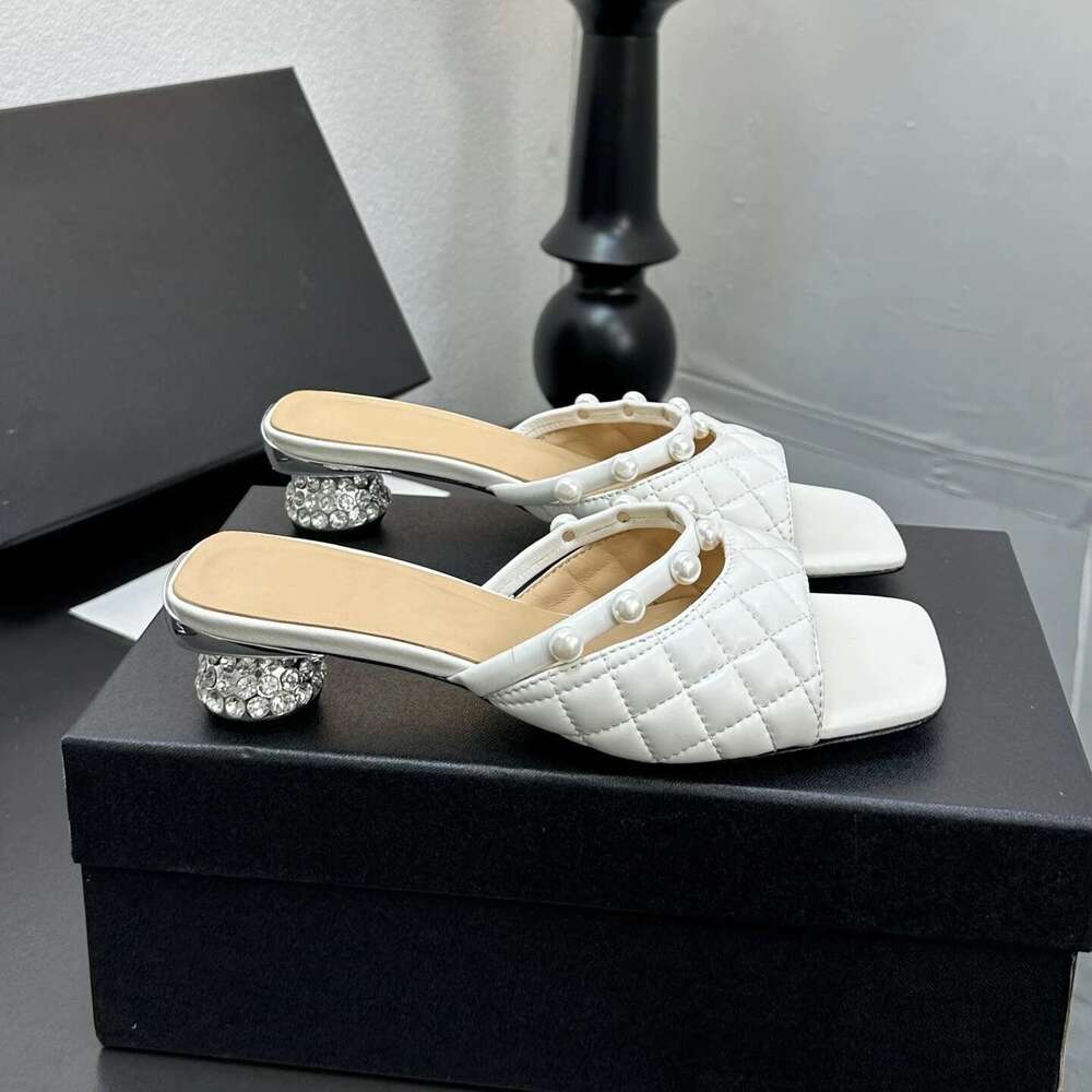 Women Size34-41 Genuine Leather Slippers Med Heels Crystal Sewing Pearl Summer Slides Designer Shoes Zapatillas De Mujer
