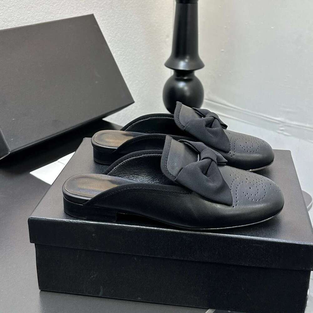 New Women Size34-41 Genuine Leather Mules Low Heels Butterfly Knot Slippers Round Toe Designer Shoes Zapatillas De Mujer