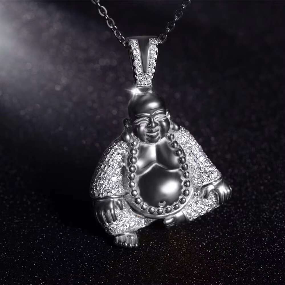 Wholesale 18k Buddha Statue Pendant Necklace Hip Hop Religious Maitreya Buddha 925 Sterling Silver Pendant Buddha Necklace