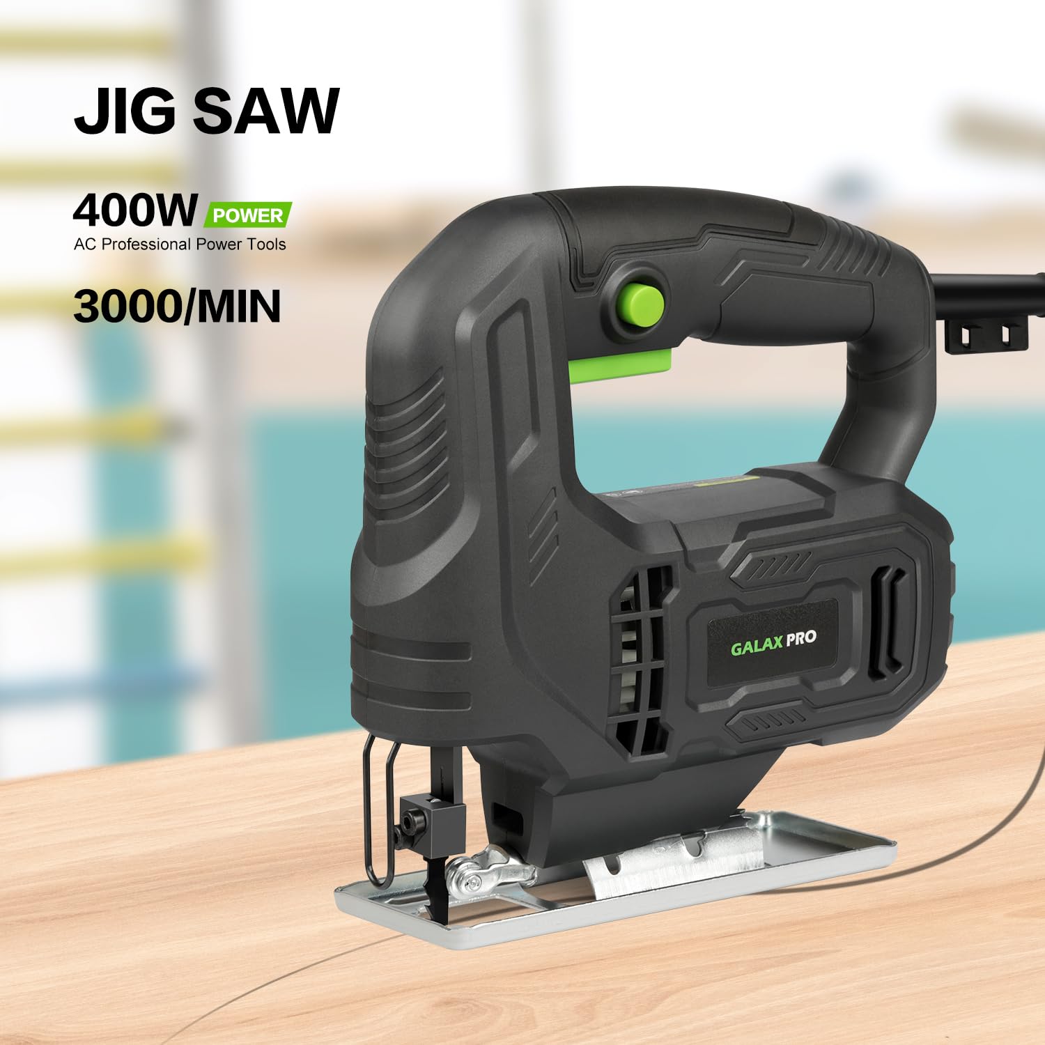 GALAX PRO 400W Variable Speed Jigsaw, 3000 SPM, 45° Bevel Cutting, Lock-on Button, Includes Blades for Wood and Metal