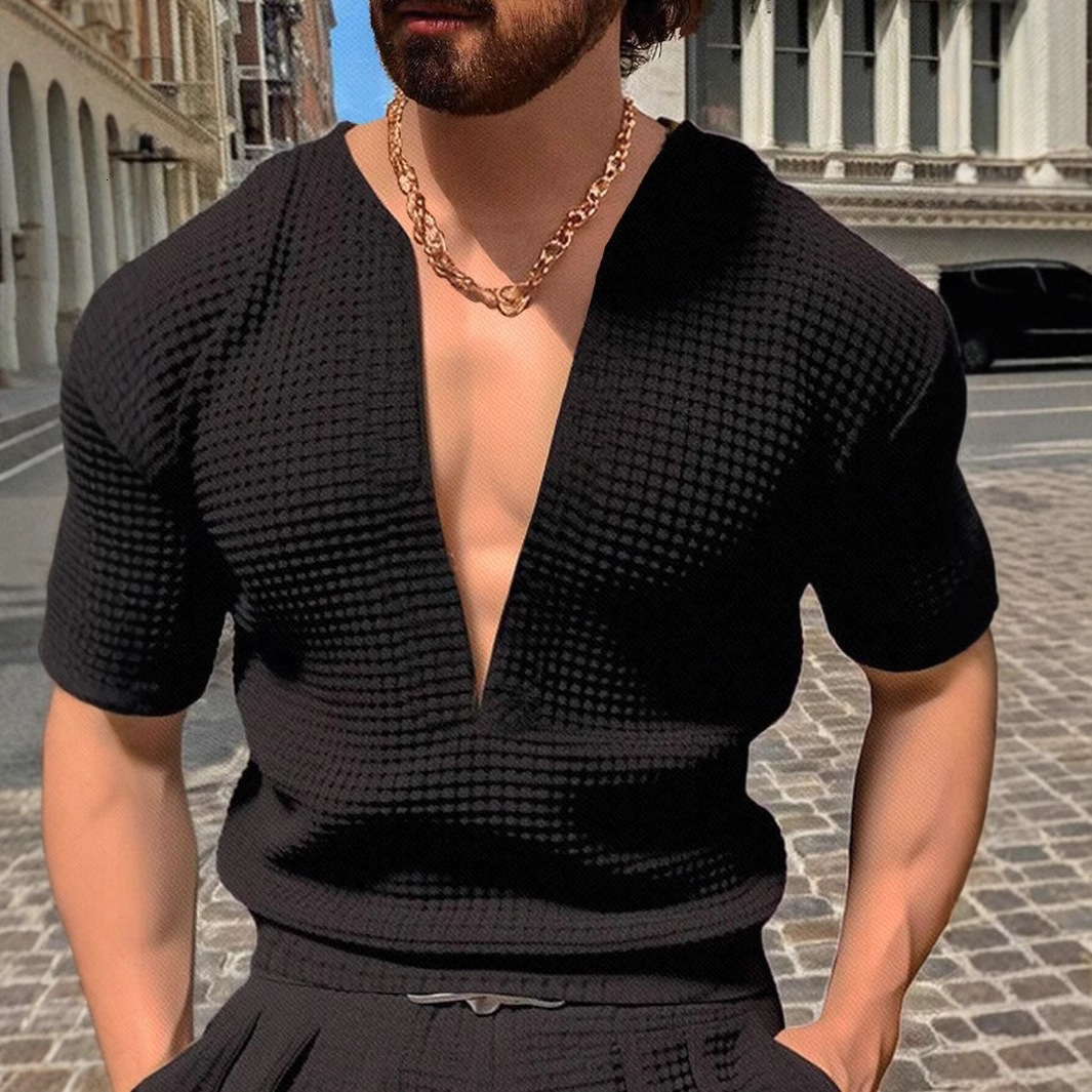 Mens Summer Sports Fitness Leisure V-neck Elastic Solid Color Large Short Sleeve T-shirt 250512