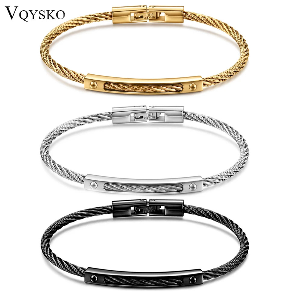 VQYSKO Stainless Steel Thin Wire Twist Bracelet Masculine Jewellery Fathers Day Gifts For Him Clasped Matte Black Lisa Angel 250512