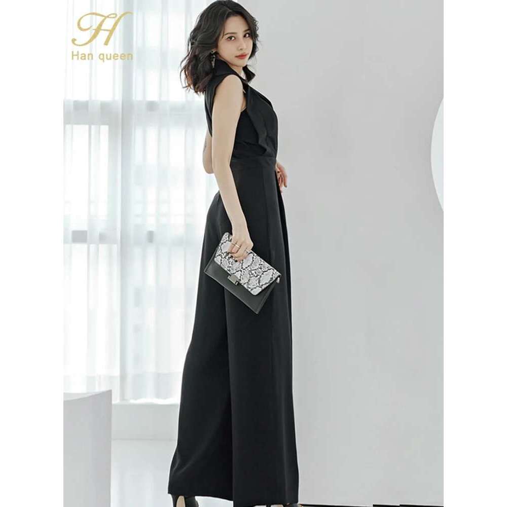 H Han Queen New Korean Sleeveless Elegant Summerr Business Jumpsuits Women Wide Leg Long Playsuits Casual Office Rompers