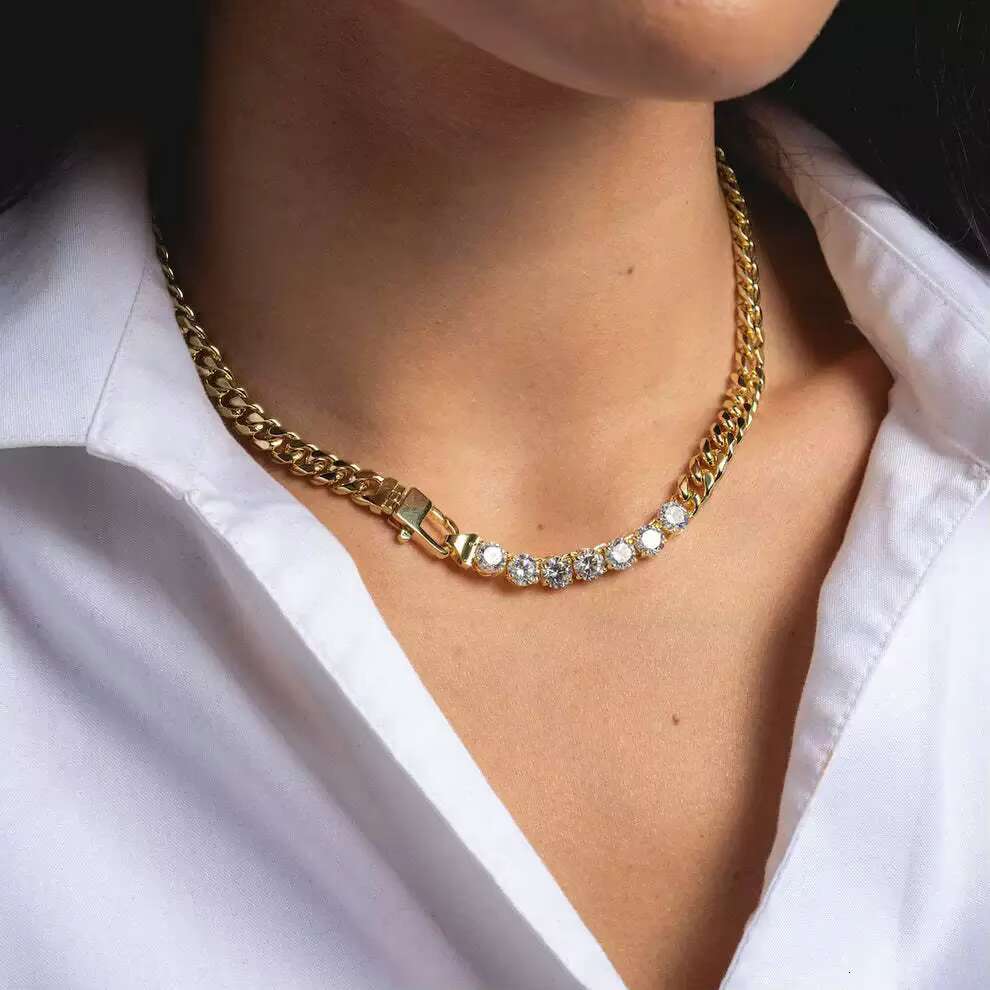 Fashionable gold-plated zircon necklace, thick Cuban chain, women's necklace accessories