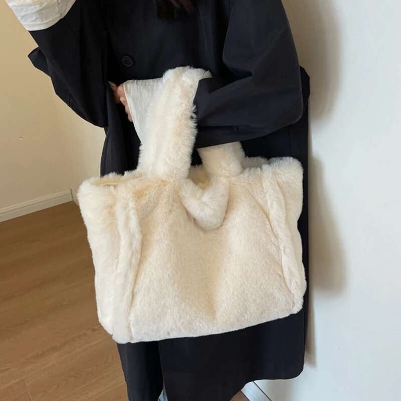 Women's Faux Fur Shoulder Autumn Winter Plush Tote Puffer Handbag Casual Fuzzy Large Capacity Shopping Bag 2023 New