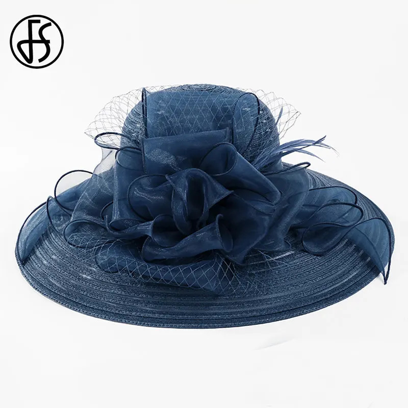 FS Black White Elegant Church Wedding Straw Hats For Women Ladies Flowers Large Brim Fedora Hat Sun Kentucky Party Derby 250512