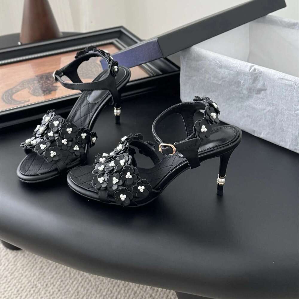 Women Size35-41 Genuine Leather Sandals Super High Heels Flowers Pearls Pumps Summer Designer Shoes Zapatillas De Mujer