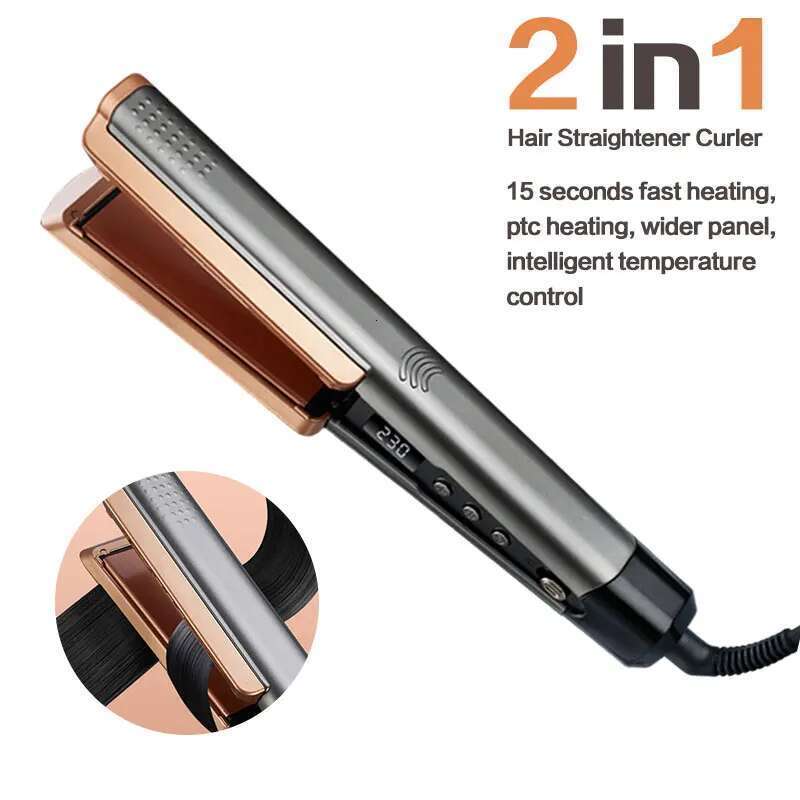 2 In 1 Curling Ionizer LCD Wide Panelprofessional Ceramic Hair Straightener With Adjustable Temperature