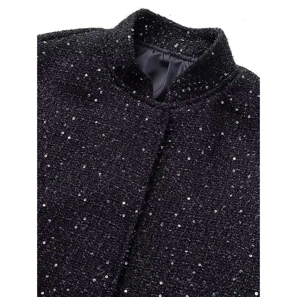 Nlzgmsj Women Shiny Sequin Jacket Y2k Gold Color Stand Collar Long Sleeve Short Coat Autumn Winter Ladies High Streetwear