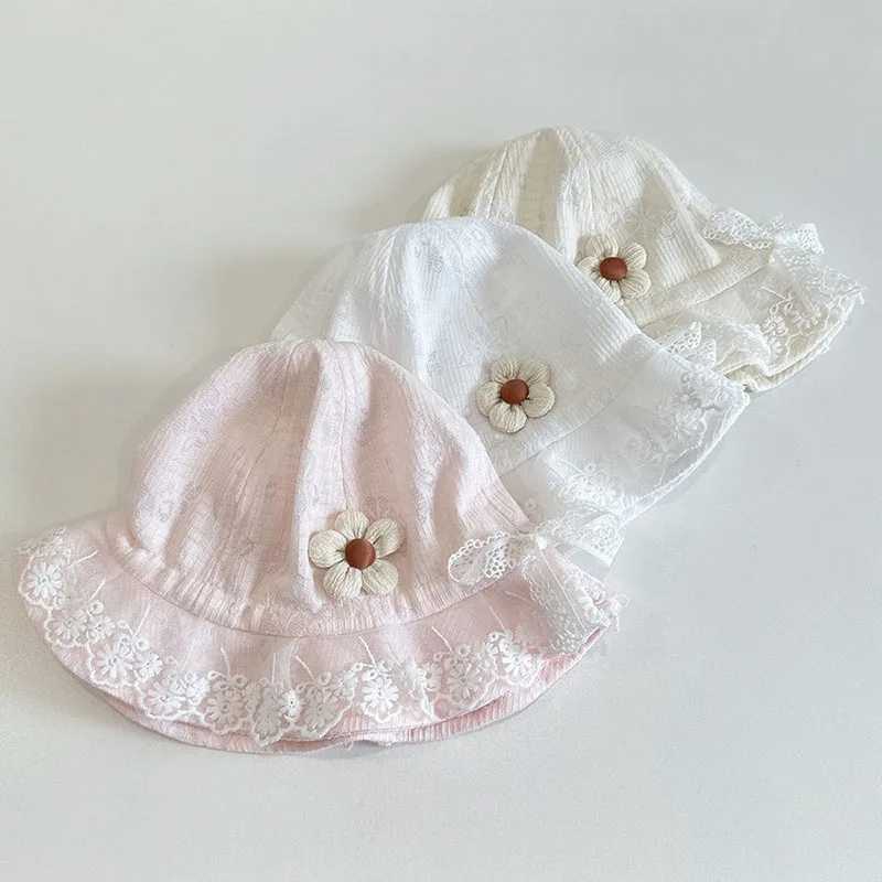 Princess Girl Lace Basin Hat Soft Cotton Baby Sunshade Fisherman Hats 3-8Month Newborn Sunscreen Bucket Cap Sweet Flower Visors R250512