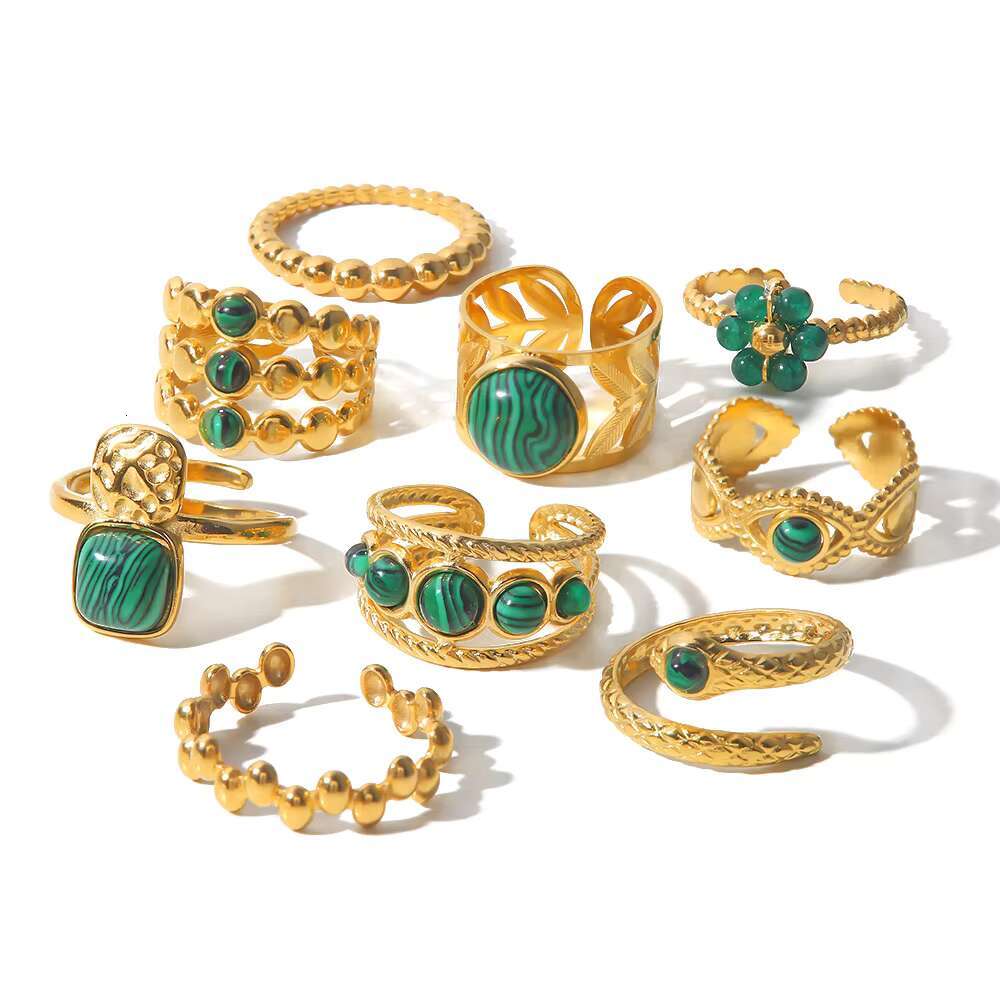 Stainless Steel Stackable Open Ring Wedding Green Gemstone Emerald Natural Stone Ring for Women