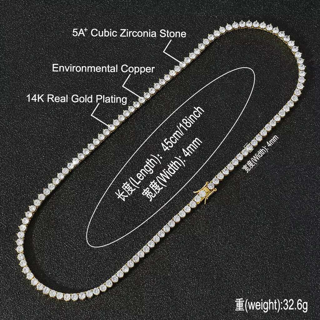 Hip Hop Real Gold Plated 4mm Zircon Tennis Chain Necklace Iced Out Cz Fashion Jewelry