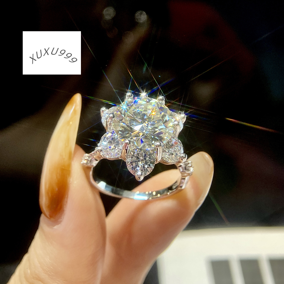 925 Sterling Silver Gra Certified 5ct Large Moissanite Diamond VVS D Color Sun Flower Ring Wedding Luxury Fine Jewelry for Women