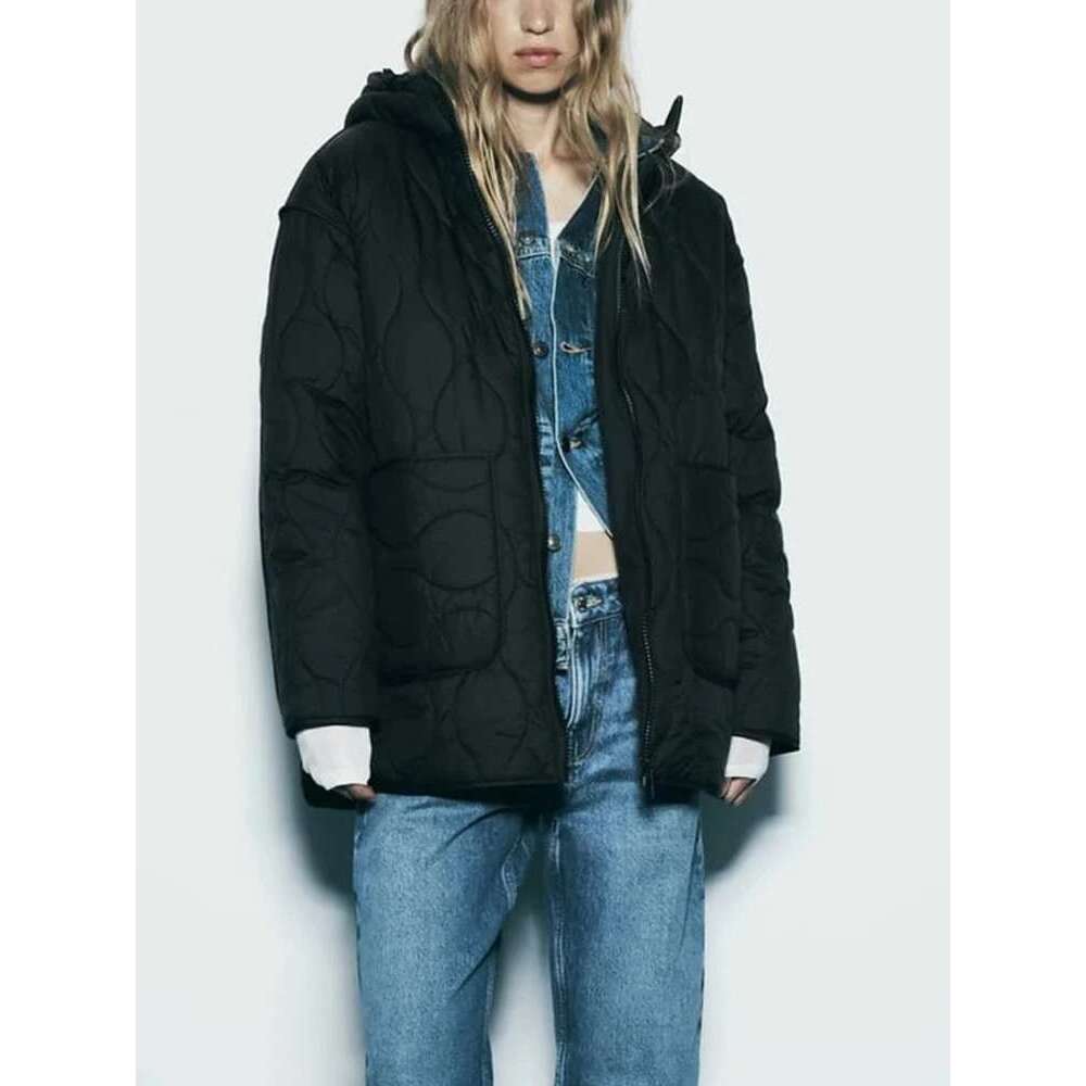 TRAF New Hooded Jacket Autumn And Winter Zipper Long Sleeve Warm Solid Color Cotton Clothing Fashionable Women's Tops