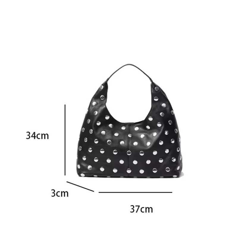 Brand Black Motorcycle Rivet Hobo Bag Fashion Versatile Shoulder Underarm Bag Retro Handbag Large Capacity Design Bucket BagW250512