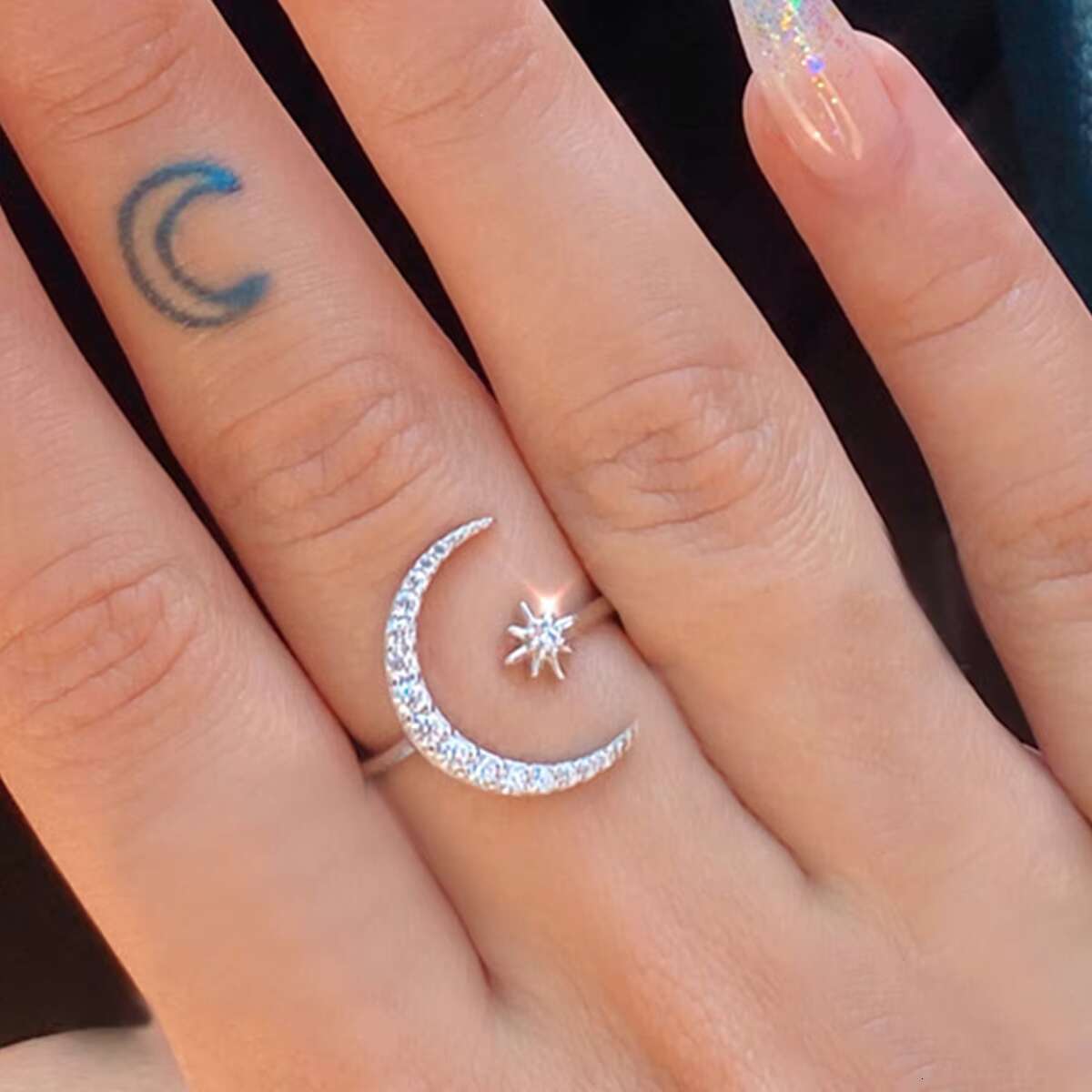 CANNER New Design S925 Sterling Silver Fashion CZ Zirconia Jewelry Wholesale Moon Star Adjustable Ring for Women