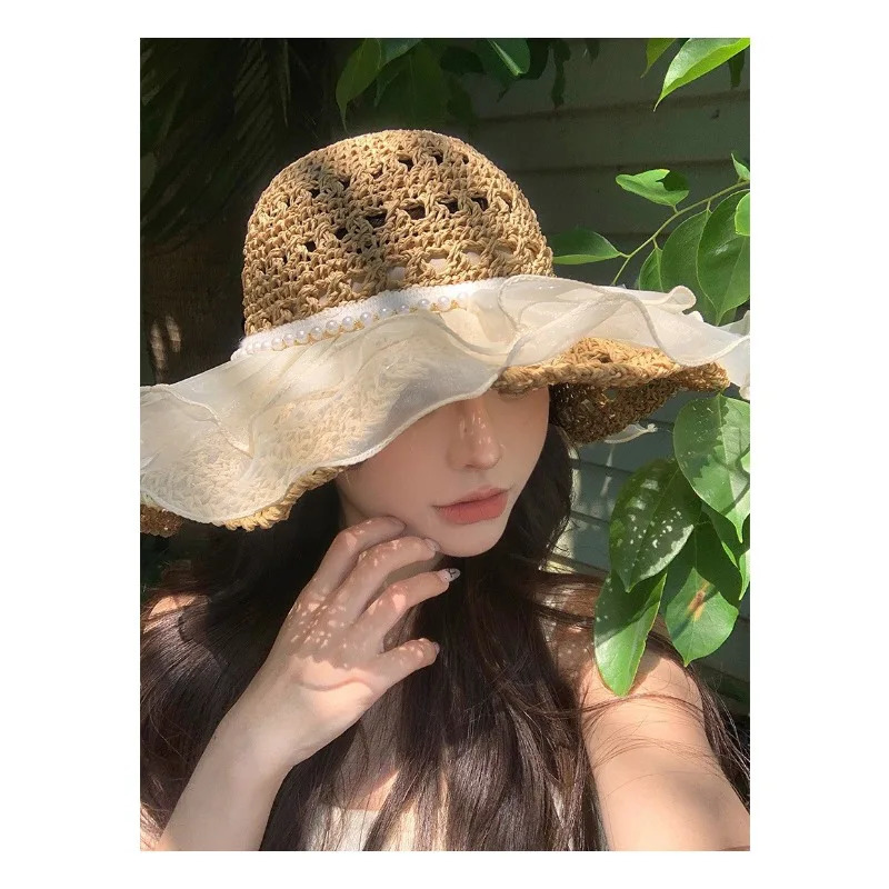 Womens Summer Straw Bucket Hat Foldable Fisherman Cap Large Brim UV Protection for Beach Kawaii Fashion 250512