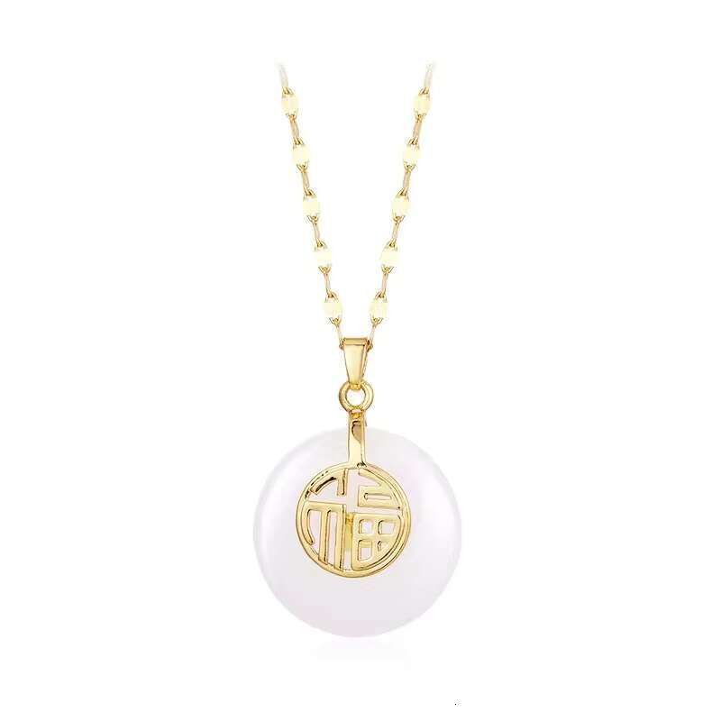 China Stainless Steel Lip Chain Gold Plated Hotan Jade Fortune Women's Necklace