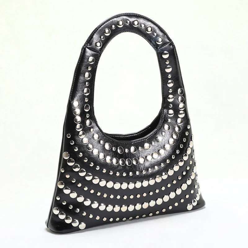 Cool Sier Rivet Underarm 2025 New Brand U-Shaped Tote Red Lady High-End Shoulder Bag European Punk Handbag