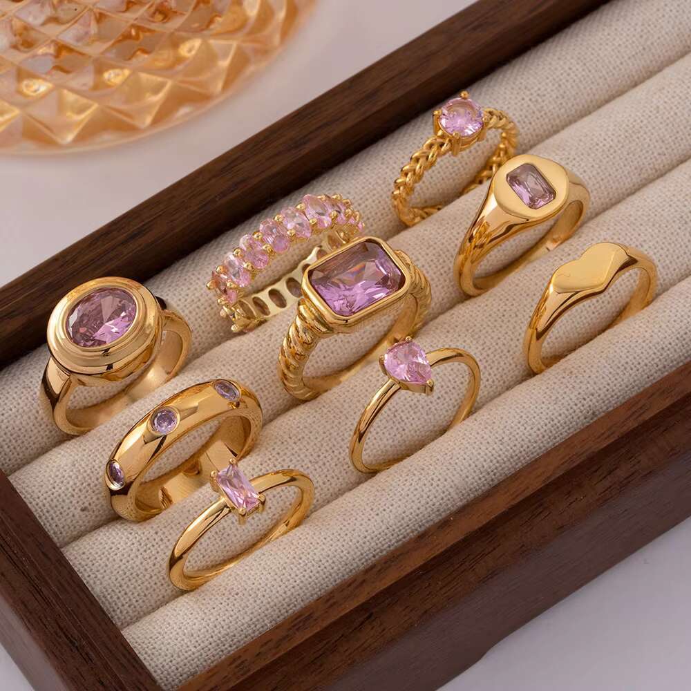 Fashion Multiple Styles Wedding Pvd Gold Plated Stainless Steel Inlaid pink Stone Rings for Women