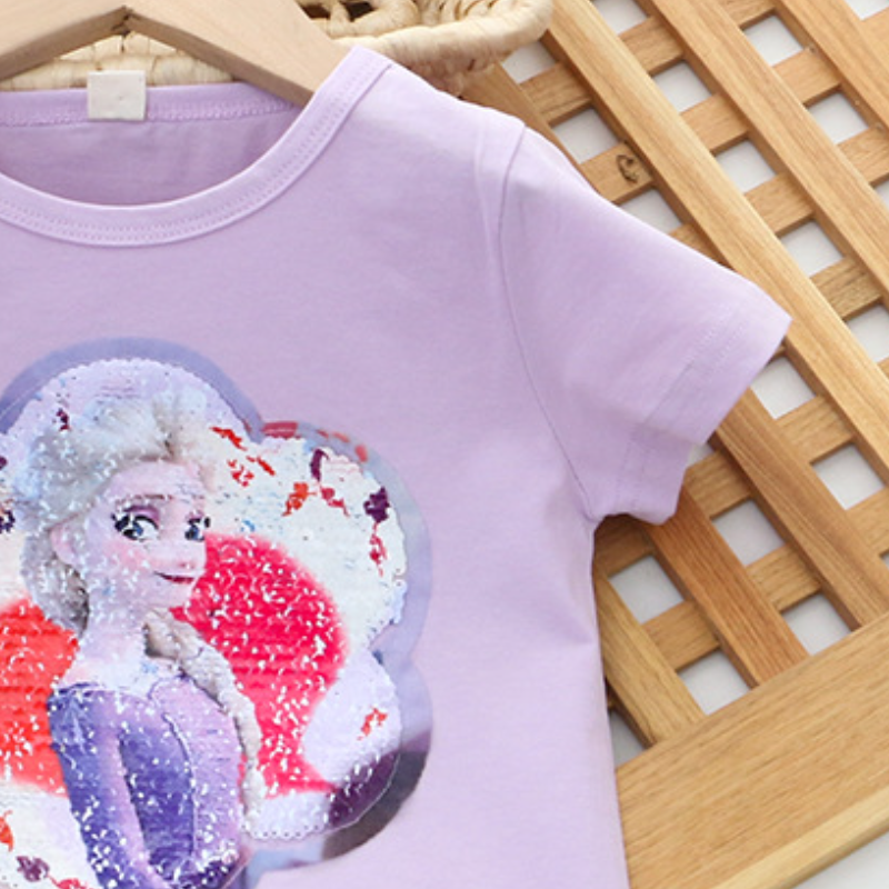 DISNEY Frozen Elsa princess Little girl princess design printed T-shirt comfortable and soft Cotton T-shirt with princess print design comfortable des