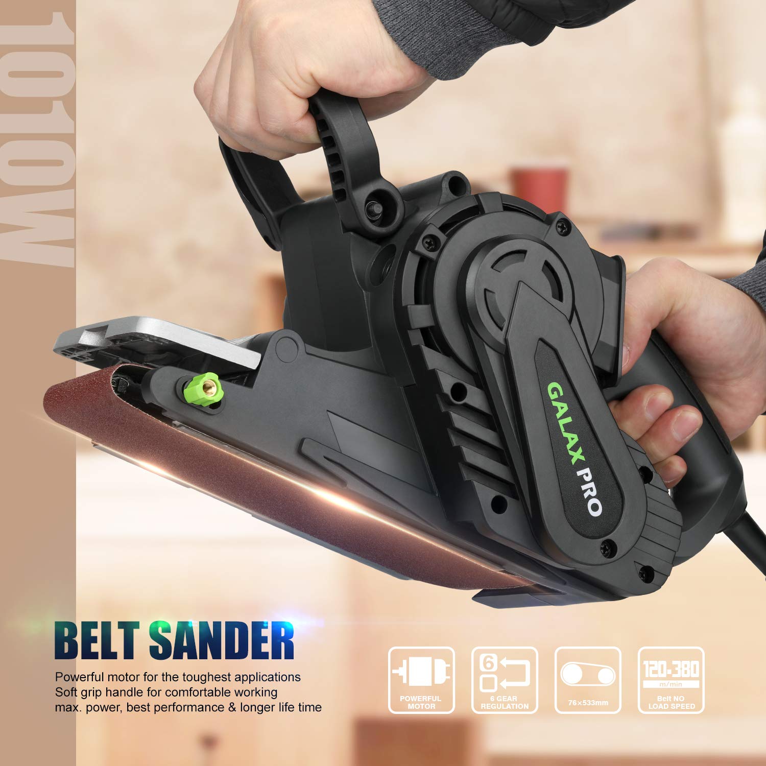 GALAX PRO 1010W Belt Sander, 120-380 RPM Variable Speed Settings, Dust Bag 5 Sanding Belts (76x533 MM)