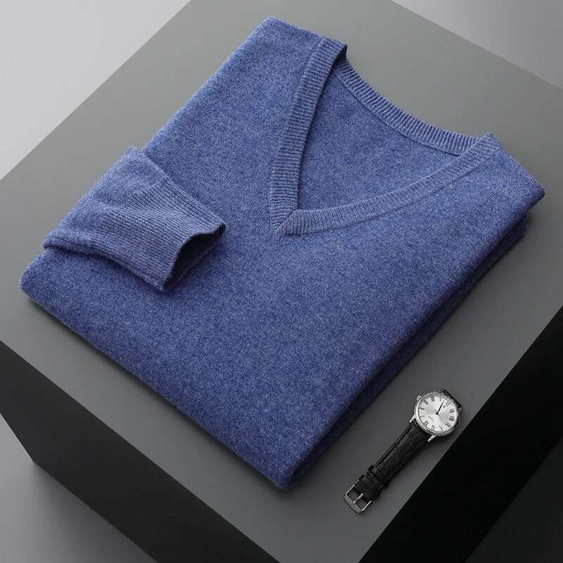 Autumn And Winter New Men's V-Neck Cashmere Loose Thickened Solid Color Wool Knitted Bottoming Shirt Business Casual Sweater-250512