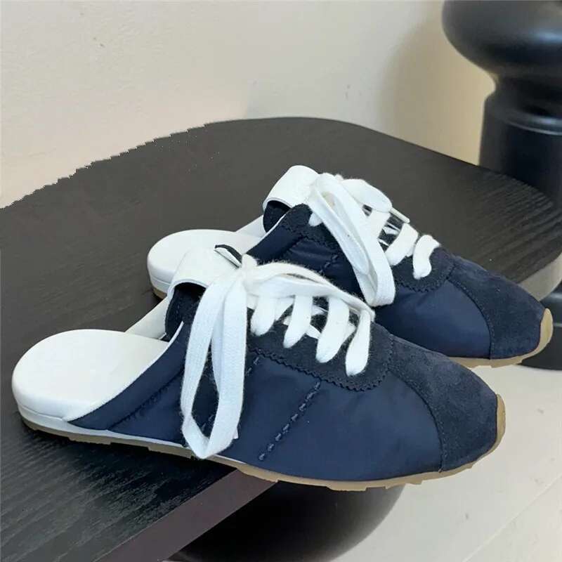 Womens Spring Autumn Slide Tennis Mule Derby Sneaker Shoes Genuine Leather Casual Comfort Flat Low Heel Closed Toe Lace Up