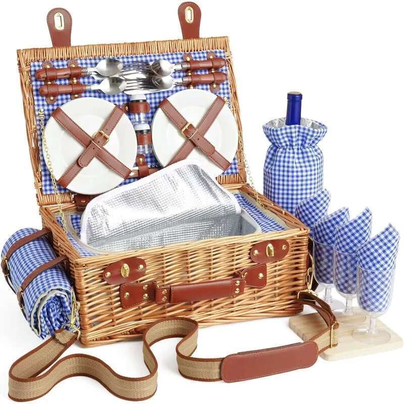Wicker Basket Set For 4 Person With Cooler Compartment And Waterproof Picnic Blanket,Removable Strap,Wine Bag