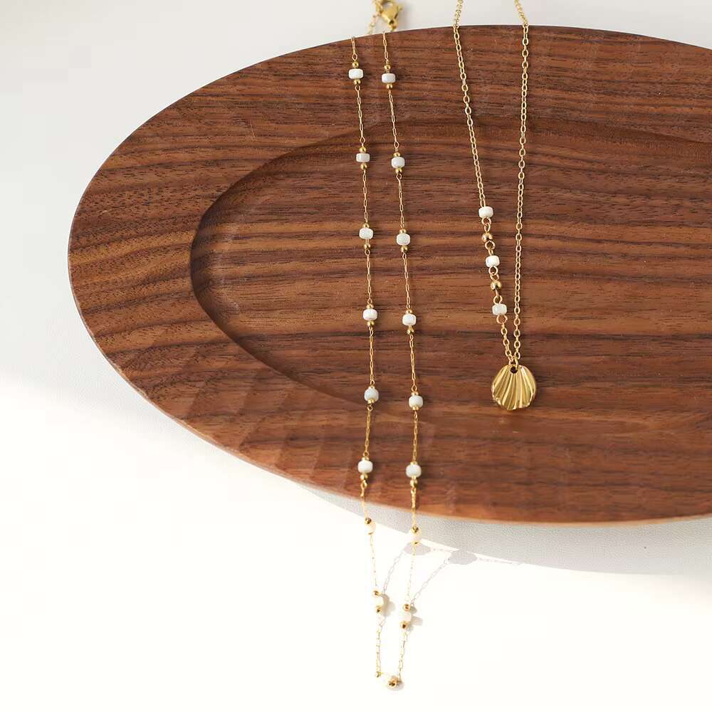 Women's stainless steel gold-plated shell pendant bead natural white stone fashion chain necklace jewelry