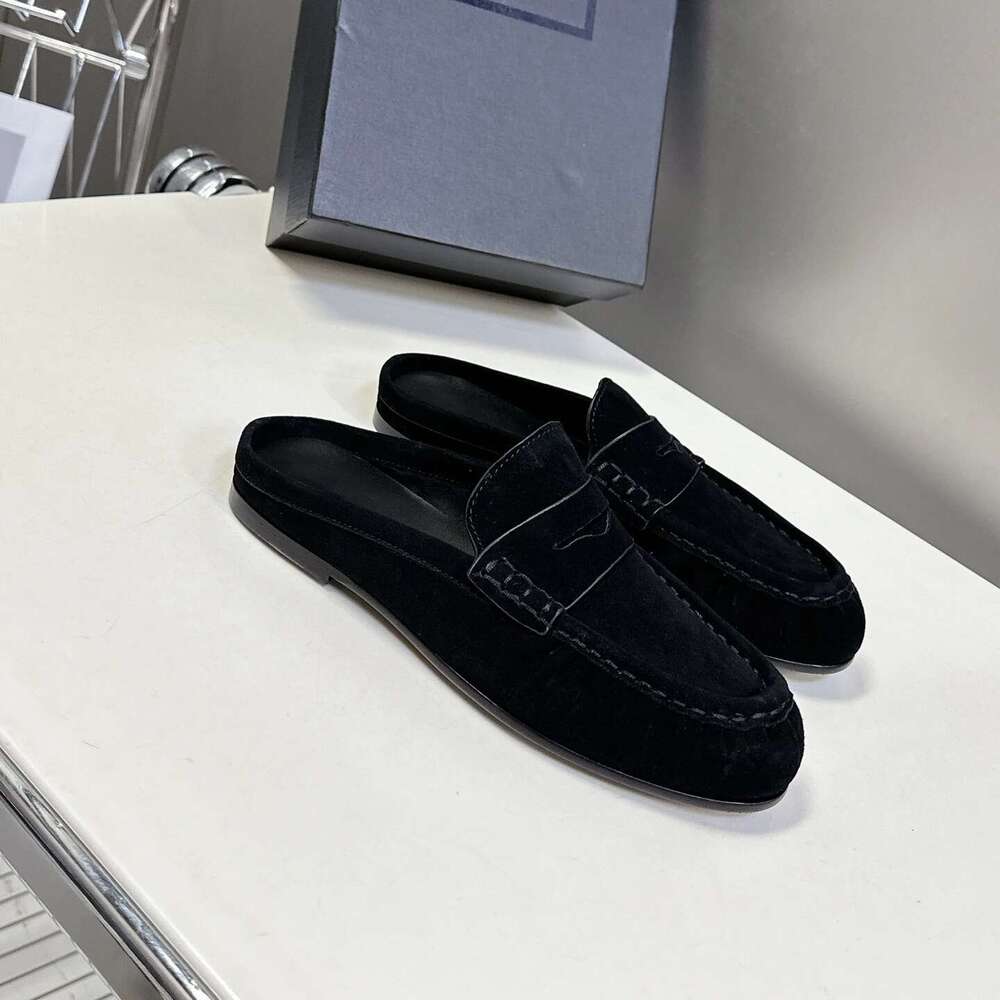 New Women Genuine Leather Mules Low Heels Natural Cow Suede Slippers Pleated Round Toe Designer Shoes Zapatillas De Mujer