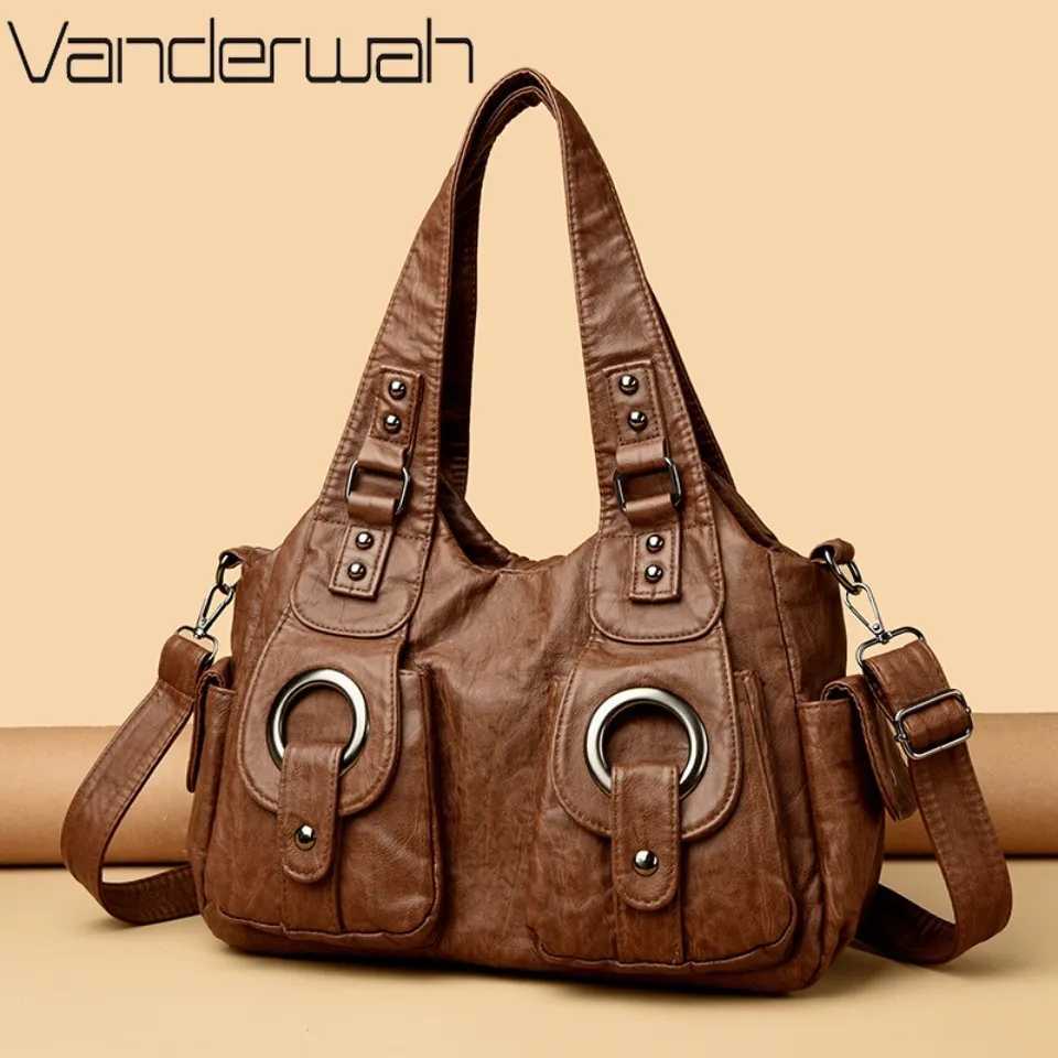Two Metal Circles High Quality Soft Pu Leather Female Handbags Tote Bags Shoulder Crossbody Bag for Women Mother Z250512