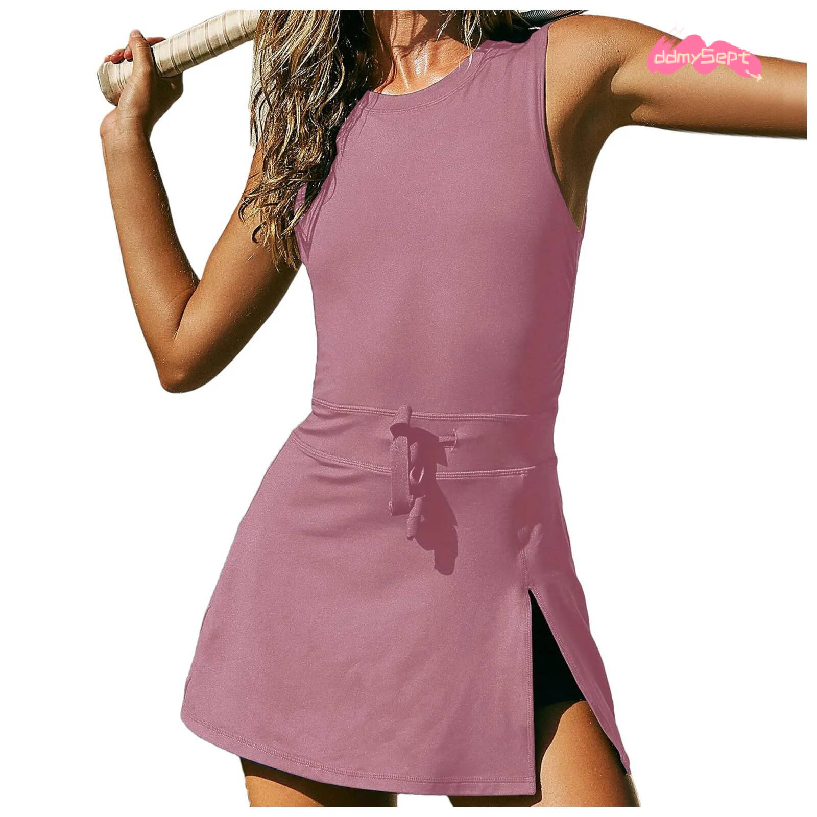 Womens Tennis Open Back Stretchy O Neck Side Slit Sleeveless Sports Dress with Shorts Lace Up Waist Short Workout SunDress ddmysept