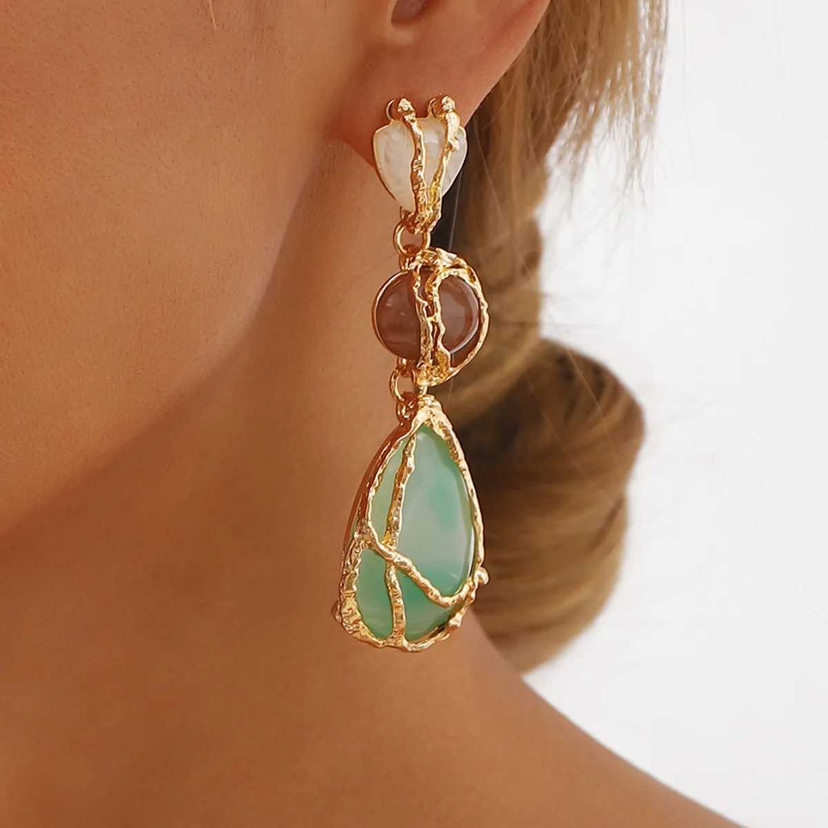 Boho Colored Irregular Resin Stone Pendant Earrings For Women Personalized Alloy Mesh Bag Waterdrop Dangle Earrings Jewelry Gift Y250510