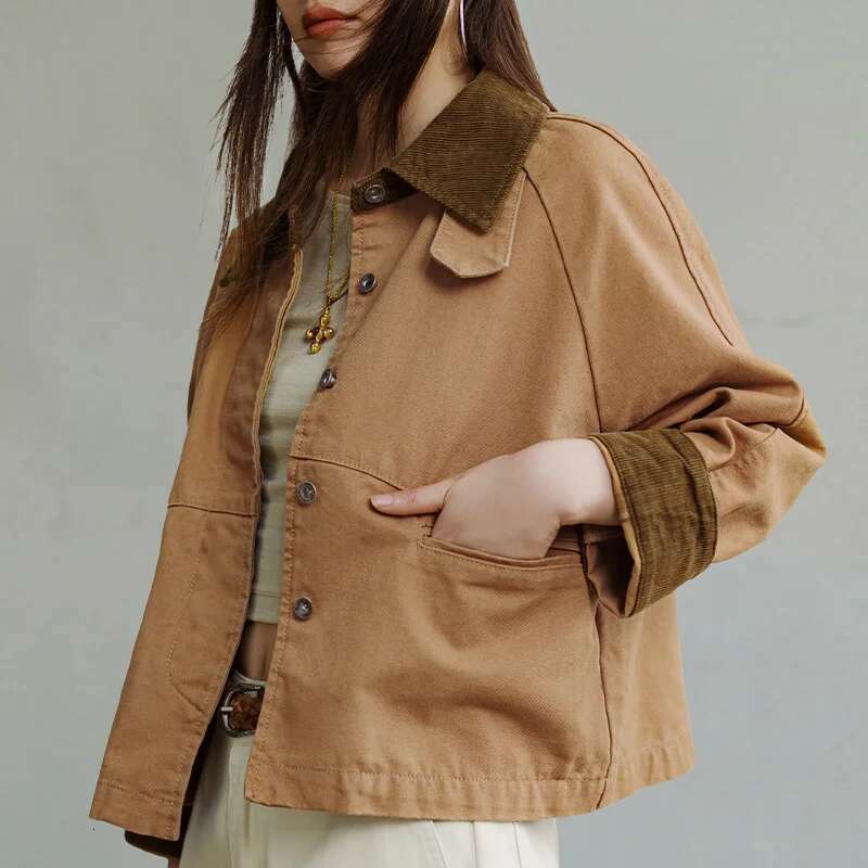 Maden Retro Khaki Corduroy Collar Jacket Heavyweight Canvas Outerwear Loose Fit Casual Coat for Women's Autumn and Winter Tops