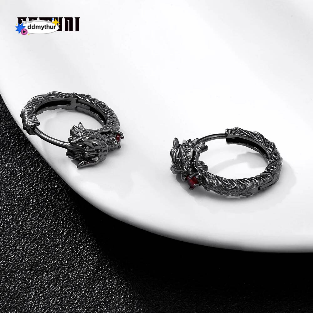 Catuni Hot Dragon Goth Punk Hoop Earrings Copper inlaid Red Zircon Hip Hop Rock Earring Jewelry Accessories Gift for Man Woman ddmythur