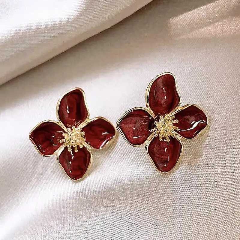Hibiscus Dropped Glaze Flower Stud Earrings for Women Girl French Vintage 2024 Fashion Korean Wedding Romantic Jewelry Gifts