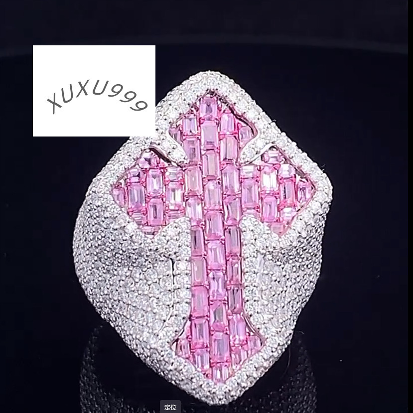 Hiphop Moissanite Pink Cross Ring 925 Sterling Silver Round Cut Moissanite Diamond Moissanite Ring