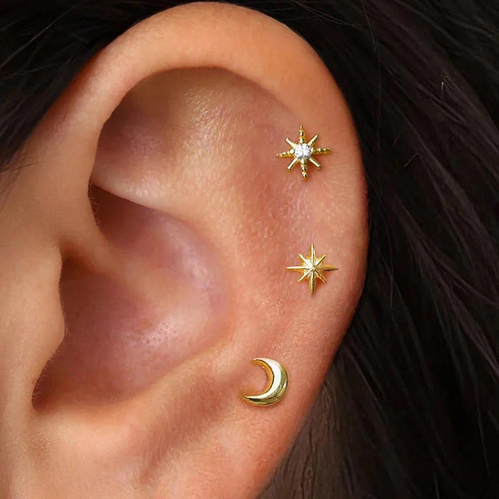 3Piece Stainless Steel Star Moon Ear Stud Earrings Set Women Daily Wear Cartilage Piercing Earring Punk Unisex Rock Jewelry 250512