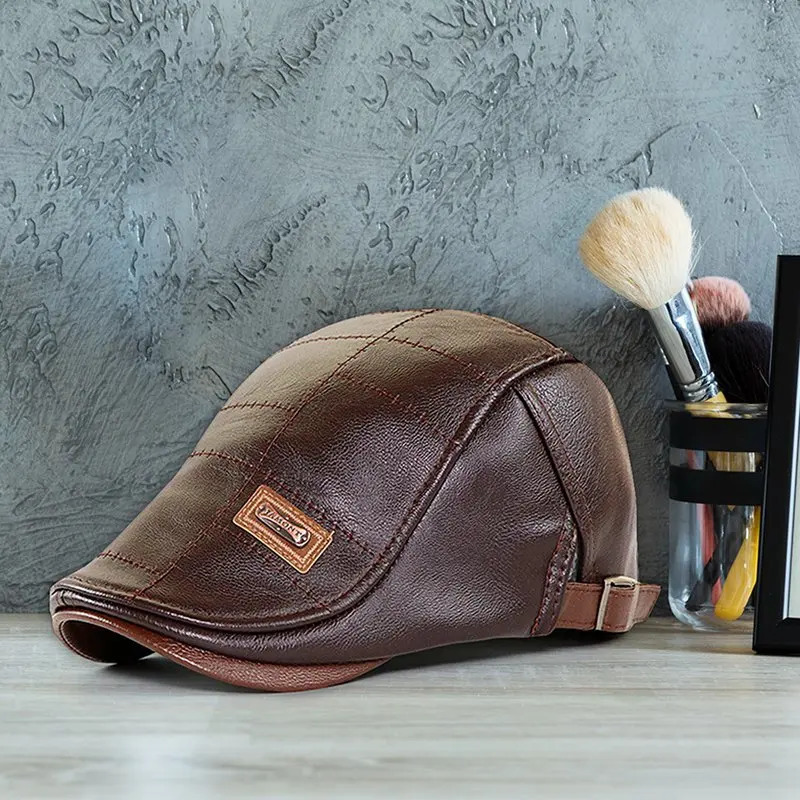 Retro Men Leather Beret Hat Flat Cap Male Autumn Winter Warm Adjustable HighQuality mens British Style Caps 250512